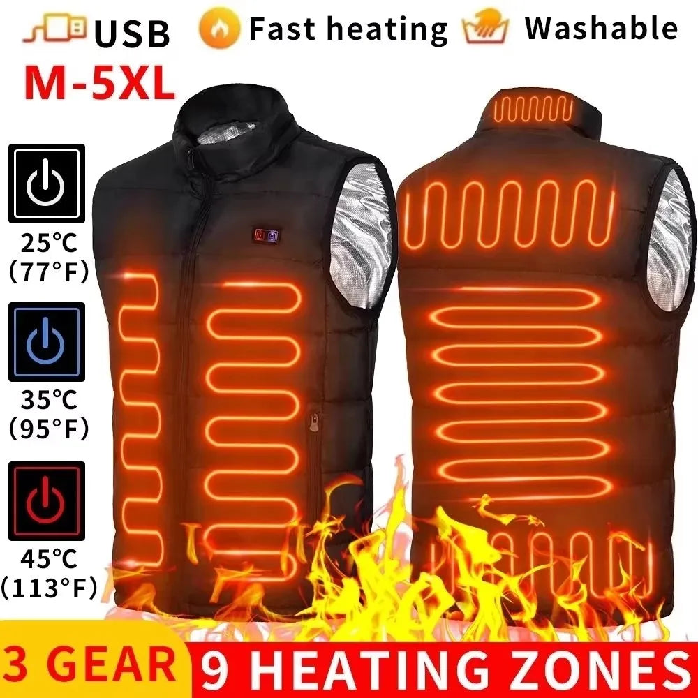 9 Heated Vest Zones Electric Heated Jackets Men Women Sportswear Heated Coat Graphene Heat USB.